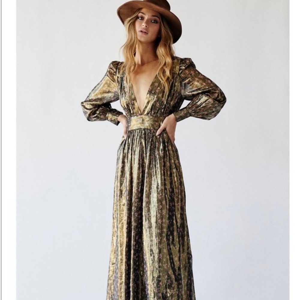 LoveShackFancy Metallic Gold and Black Long Sleeve Maxi Dress